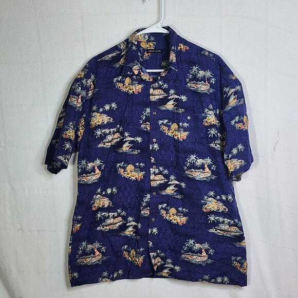 Pierre Cardin Vtg Blue Tropical Surfer Beach Scene ButtonUp Cotton Shirt Size XL - Picture 1 of 16